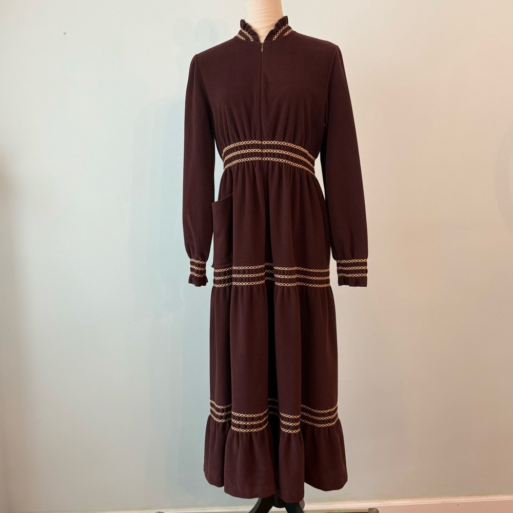 Vintage Vassarette Prairie Nightgown Brown w/ Gold Trim – 1970s